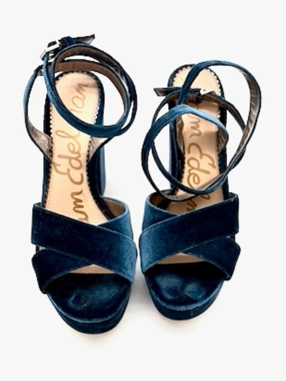 Sam Edelman Mara Jewel Blue, Velvet Criss-Cross Platform Sandals, Size 11